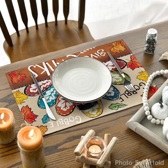 Artoid Mode Turkey Give Thanks Thanksgiving Placemats Set of 4, 12x18 Inch Seasonal Table Mats for Party Kitchen Dining Decoration