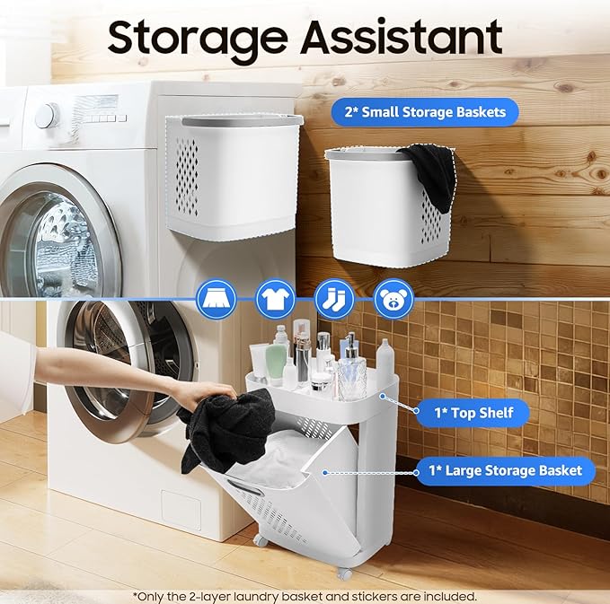 Movable Household Laundry Basket,2 Tier Laundry Hamper Basket Sorter with Wheels&Handle,Large Hand-Held Laundry Basket Clothes Storage Organizer for Bathrooms Bedrooms