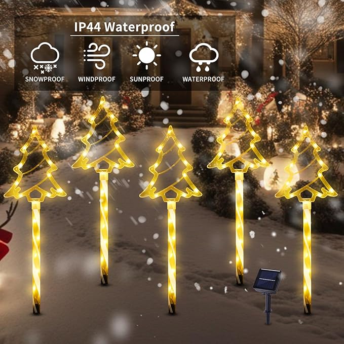 Christmas Solar Pathway Lights Outdoor Decorations, 8 Modes Xmas Tree Candy Lights Waterproof Led Garden Stake Light for Walkway Yard Lawn Porch Holiday Decor 5-Pack (Yellow Tube Tree, 5 Pack)