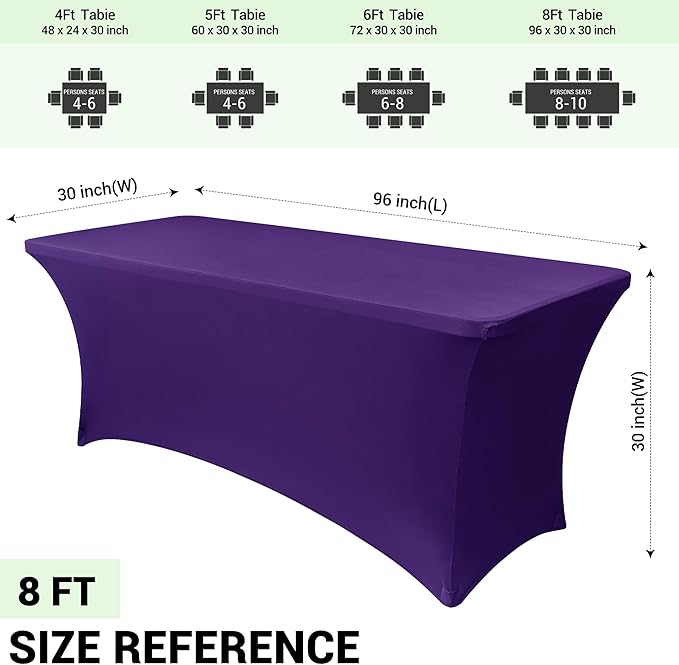 Obstal 8Ft Stretch Spandex Table Cover for Standard Folding Tables - 2 Pack Universal Rectangular Fitted Tablecloth for Party, Banquet, Events, Trade Show (Dark Purple, 96L x 30W x 30H Inches)
