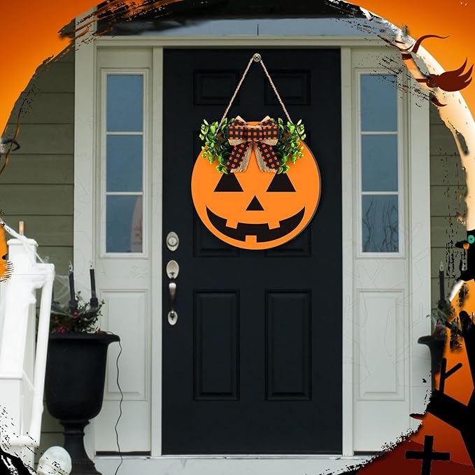 Halloween Wreaths for Front Door Ghost Door Hanger Wooden Hanging Sign 11.8 x 11.8 Inch Pumpkin Welcome Wreath Sign for Wall Porch Outside Farmhouse Home Indoor