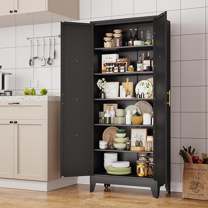 75" Tall Metal Kitchen Pantry Storage Cabinet, Freestanding Cupboard with 2 Doors and 5 Adjustable Shelves, Standing Storage for Kitchen, Bathroom, Garage, Dinning Room or Utility Room(Black)