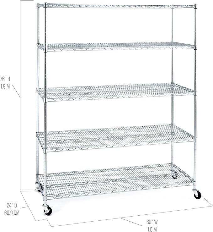 Seville Classics UltraDurable Heavy Duty NSF Solid Steel Wire Rack Storage Unit Wheels, 5-Tier Shelving, 60" W x 24" D