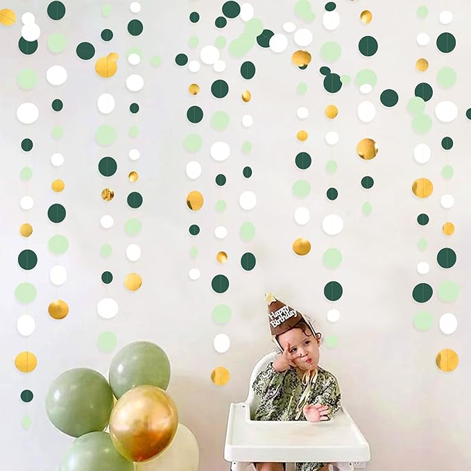 46 Ft Sage Green Gold Party Decorations Polka Dots Garlands Hanging Paper Circle Dots Streamer for Safari Wild Woodland Jungle Theme Birthday Baby Shower Graduation Wedding Party Decorations Supplies