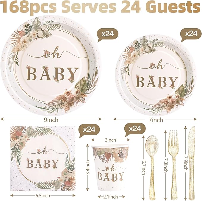 168 Pcs Boho Its A Girl Baby Shower Decorations, Boho Baby Shower Plates and Cups and Napkins Sets, for Baby In Bloom Oh Baby Western Girl, Summer Fall Woodsy Rustic Neutral, Serves 24
