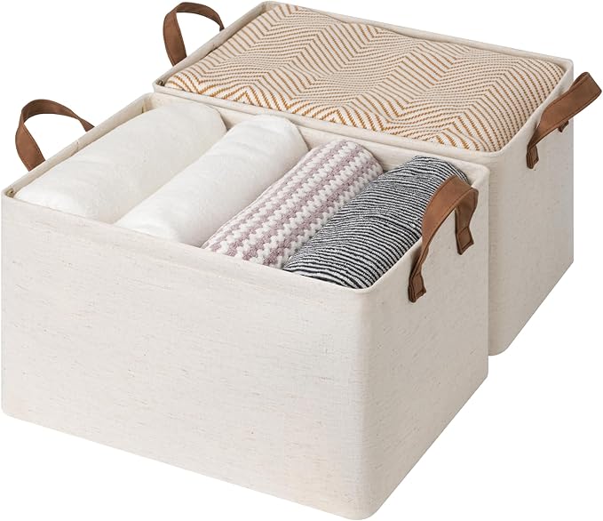 StorageWorks Storage Bins, Shelves Baskets for Organizing, Large Fabric Closet Organizers with Handles, Metal Frame, Beige(Cotton-linen), 2-Pack