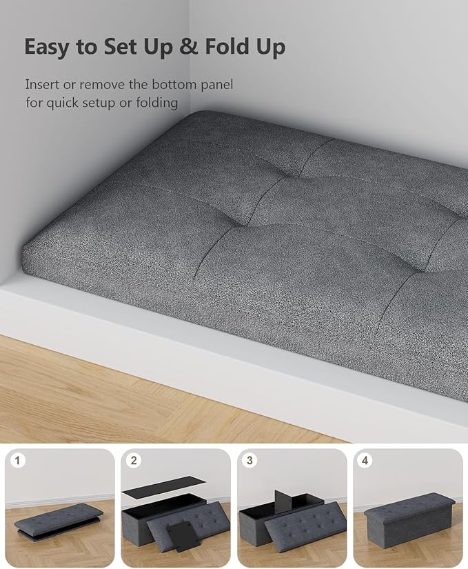 Storage Ottoman Bench, Folding Ottoman Foot Rest, 15 x 43 x 15 Inches, End of Bed Bench, Storage Chest, for Living Room, Bedroom, Hallway, Entryway, Holds up to 700 lb,Dark Gray