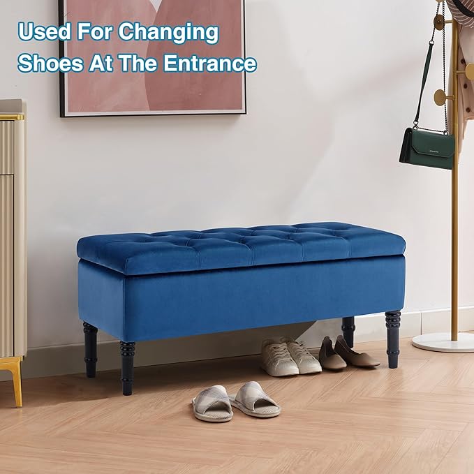 Ottoman with Storage Velvet Storage Bench Holds Up to 500 lbs Ottomans Upholstered Bench with Seating for Bedroom, Living Room, Blue