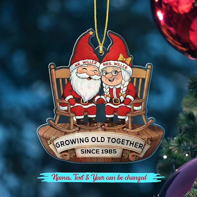 Customized Old Couple Gnome Sitting On Rocking Chairs Growing Old Together Christmas Ornament 2025, Personalized Text Shaped Xmas Ornament Gift for Mr Mrs Dad Mom/Grandparents, Anniversary Ornaments