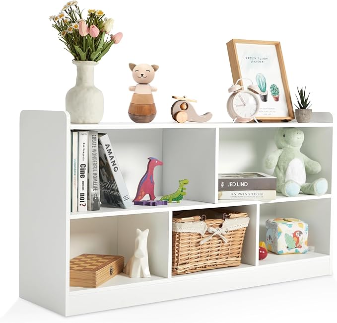 Montessori Shelf, Wooden Toy Storage Organizer for Books Toys, 2 Shelf Bookcase, 5-Section Storage Cabinet, Toddler Book Shelf for Kids Rooms, Playroom, Nursery, Kindergarten