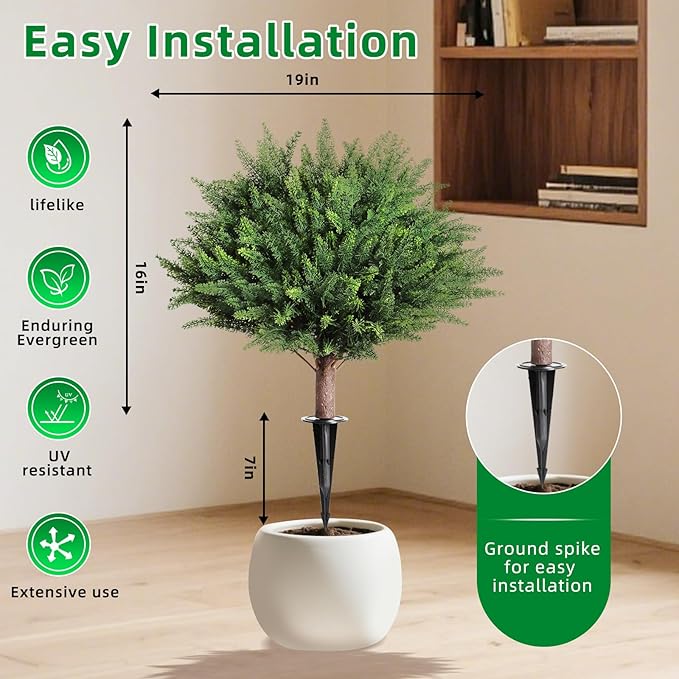 23" Artificial Cedar Topiary Ball Trees ,Set of 2 Outdoor Faux Plants with Ground Spike, UV Resistant Fake Pine Shrubs Bushes for Indoor Front Porch Yard Decorations (Cypres)