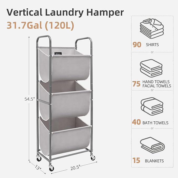 STORAGE MANIAC 120 Liters Vertical Rolling Laundry Hamper, 3 Section Laundry Sorter with Wheels and 2 Breaks, 3-tier Laundry Baskets for Small Space, Dorm, Laundry Room, Closet, Bathroom, Gray 3-tier