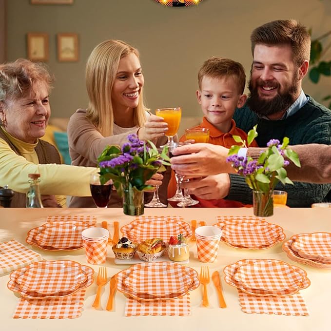 175 Pcs Orange and White Gingham Party Supplies - Orange Gingham Paper Plates and Napkins Sets Serve 25 - Scalloped Checkered Plates for Birthday Picnic Fall Halloween Thanksgivng Party Decorations