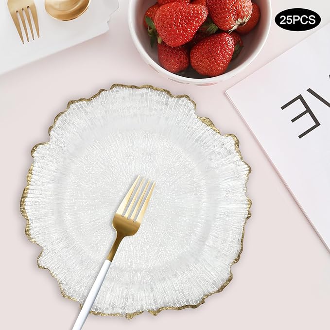 Charger Plates Set 12.6'' Round Embossed Dinner Plate Chargers Plastic Elegant Floral Plates for Dinner Wedding Party Event Table Kitchen Decoration 25Pcs (Gold-25Pcs)