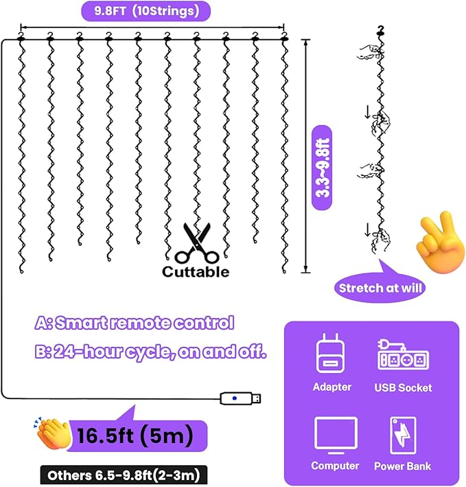 HXWEIYE 300LED Purple Fairy Curtain Hanging Lights with Remote 8 Modes Timer for Bedroom, 9.8x9.8Ft USB Plug in Christmas Fairy String Lights for Outdoor, Weddings, Party, Garden, Wall, Decorations