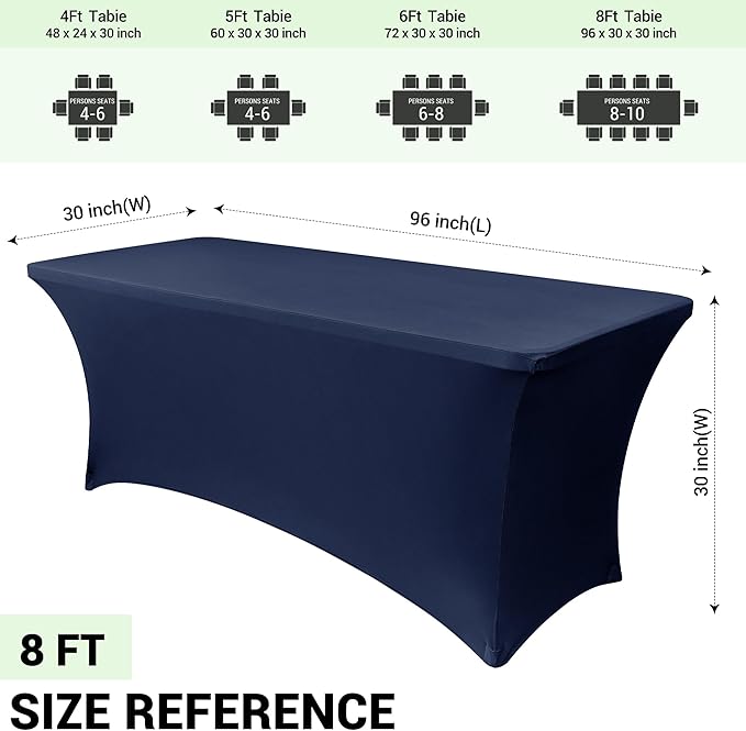 Obstal 8Ft Stretch Spandex Table Cover for Standard Folding Tables - 2 Pack Universal Rectangular Fitted Tablecloth for Party, Banquet, Events, Trade Show (Navy Blue, 96L x 30W x 30H Inches)