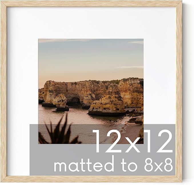 Haus and Hues Solid Oak 12”x12” Picture Frame Matted to 8”x8” - 12x12 Wood Frame, 12x12 Frame with Mat, 12x12 Frame Wood, 12 by 12 Square Frame with Mat, Modern 12 x 12 Picture Frame (Beige Oak Frame)