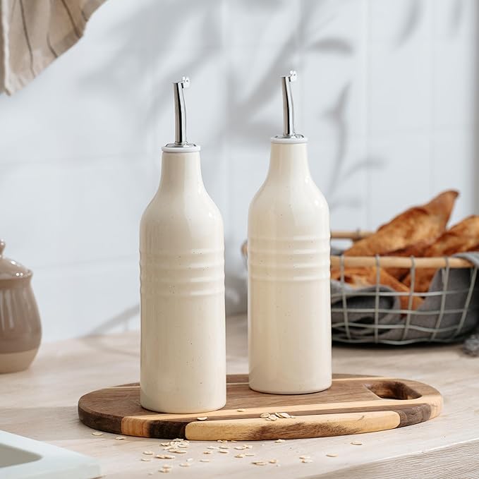 famiware Jupiter 16oz Ceramic Olive Oil Dispenser Bottle, Olive Oil and Vinegar Dispenser Bottle Set of 2 with Stainless Steel Pourers, Suitable for Storage Vinegar, Liquids, Vanilla White