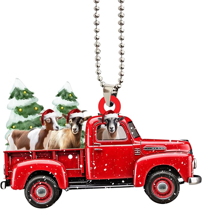 Talataca Goat Red Christmas Truck Pine Tree Farm Animal Lover 2D Flat Car Rear View Mirror Accessories Christmas Tree Ornament Decoration Hanging Charm Interior Rearview Pendant Decor Gift
