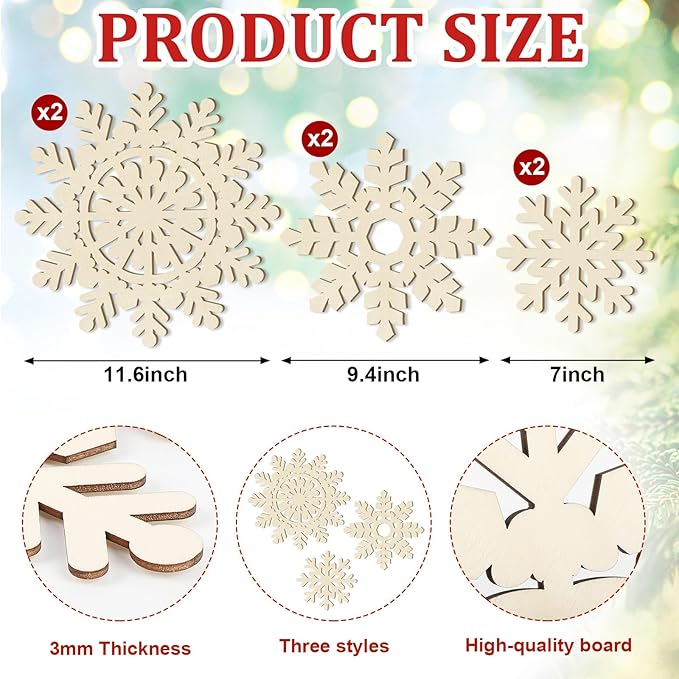 Hollow Wooden Snowflake Ornaments for Paint Christmas Decorations Cutouts Unfinished 6Pack, Wood Snowflakes for Crafts DIY Blank Cutouts Ornament Winter New Year Decorations (3 Styles 3 Size)