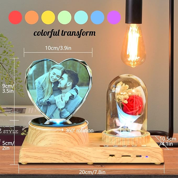 Personalized Heart Crystal Print with Your Photo, Office Desktop Decor Personalized Picture Gifts Glass Clear Frame with Bluetooth Rotary Speaker Color Led Light Changing Mood Light