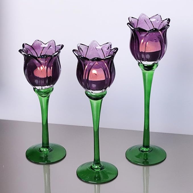 VOHO 6pcs Purple Tulips Candle Holders Gifts for Halloween, Thanksgiving, Easter, Elegant Purple Tealight Candle Holder for Modern Room Decor, Glass Tulip-Like Tea Lights Holder Wedding Holiday Table