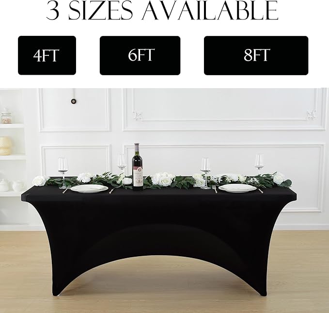 Craft And Party 2 Pack 6ft Black Spandex Tablecloth – Fitted Table Cloths – Stretch Tablecloth Universal Fit for Folding Tables – Wrinkle-Free, Washable – Ideal for Parties, Weddings, Events