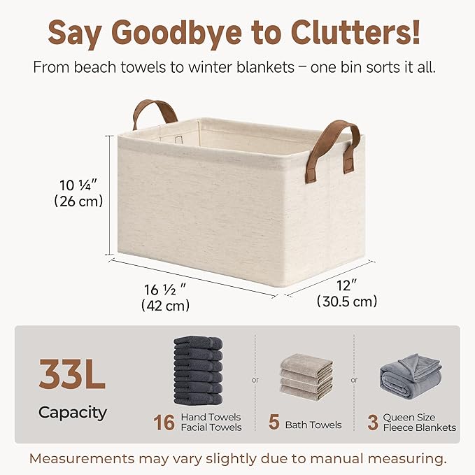 StorageWorks Storage Bins, Shelves Baskets for Organizing, Large Fabric Closet Organizers with Handles, Metal Frame, Beige(Cotton-linen), 2-Pack