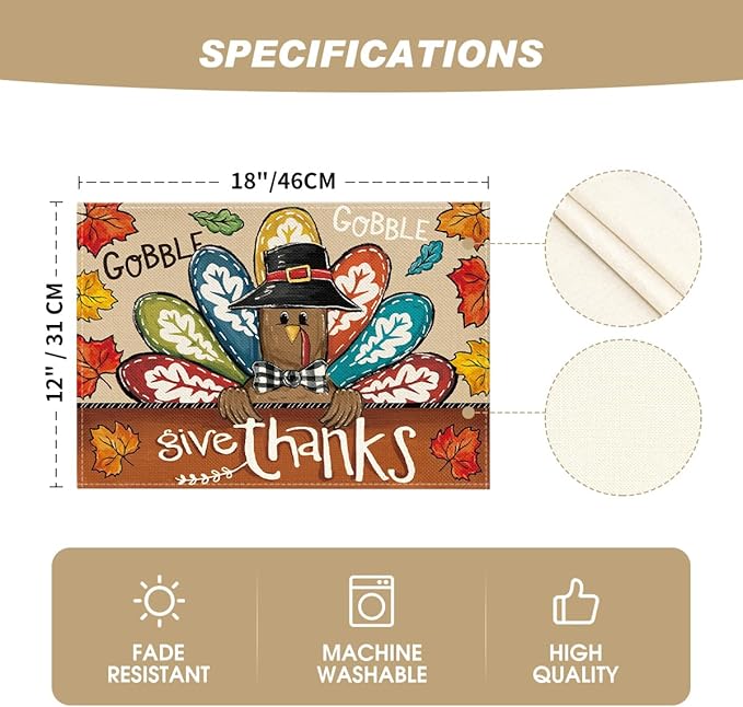 Artoid Mode Turkey Give Thanks Thanksgiving Placemats Set of 4, 12x18 Inch Seasonal Table Mats for Party Kitchen Dining Decoration