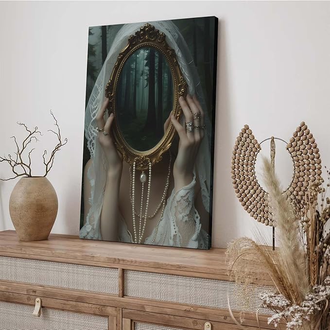 Mirror face covering dark art poster print melancholy gothic painting vintage feminine print victorian style decoration antique art8x12in Wood Framed