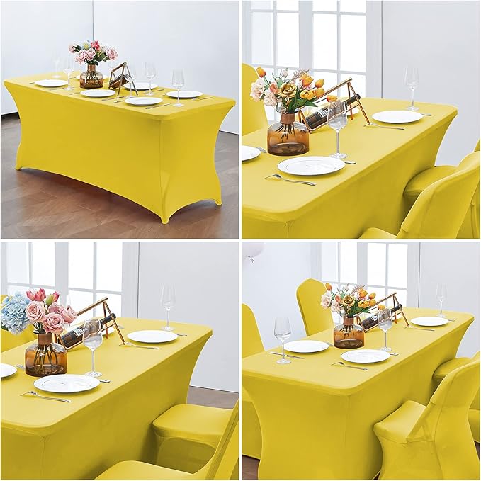 CWK 4FT Waterproof Stretch Spandex Table Cover for Rectangular Tables - Elastic Fitted Tablecloth for Folding Tables,Wrinkle Resistant Table Cloth for Parties, Weddings, Banquets & Events (Yellow)