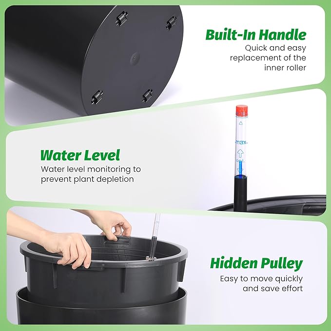 Tall Round Planter Set of 2, 20" Large Planter Pots with Built-in Drainage and a Water Level Monitor and Wheels for Patio, Porch, Living Room, or Home Office