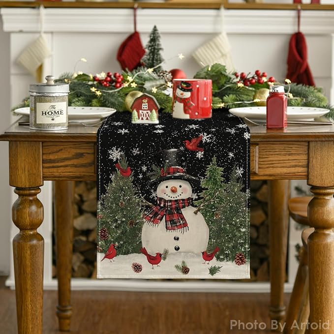 Artoid Mode Snowman Birds Trees Christmas Table Runner, Seasonal Black Winter Holiday Kitchen Dining Table Decoration for Home Party Decor 13 x 90 Inch