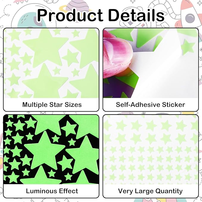477PCS Glow in The Dark Stars Stickers, Adhesive Glowing Stars Wall Stickers Removable Ceiling Star Wall Decals Space Themed Room Decor Ceiling Star for Bedding Room Decorations