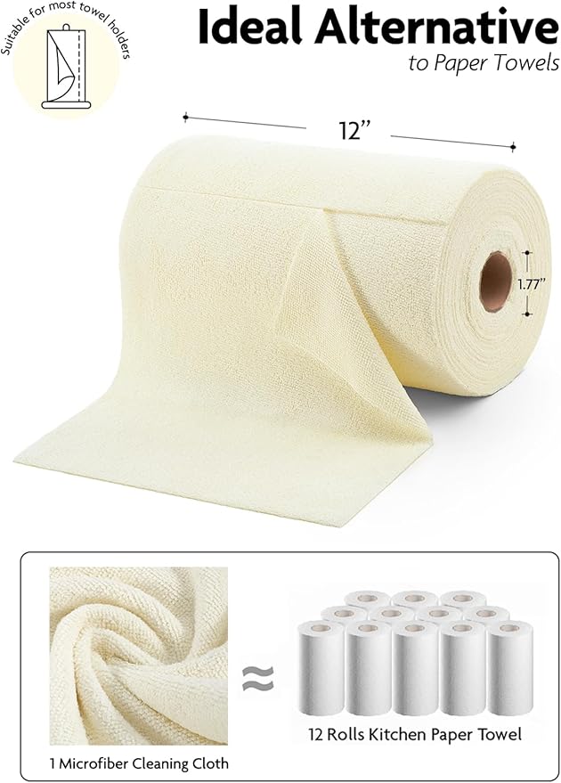 Fantasticlean Microfiber Cleaning Cloth Roll -75 Pack, Tear Away Microfiber Towels, 12" x 12", Reusable, Washable, Scratch Free, Ultra Absorbent Dish Rags for Car, Home, Garage or Shop (Beige)