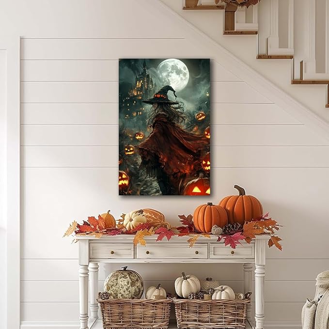 Dark and Moody Gothic Witch Poster Wall Art,Vintage Rustic Witch in Cloak with Castle Pumpkin Road Dark Gothic Poster,Goth Spooky Season Halloween Prints for Fantasy Office,20"x30" Unframed