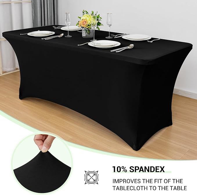 Obstal 4ft Stretch Spandex Table Cover for Standard Folding Tables - 2 Pack Universal Rectangular Fitted Tablecloth Protector for Wedding, Banquet and Party, Black