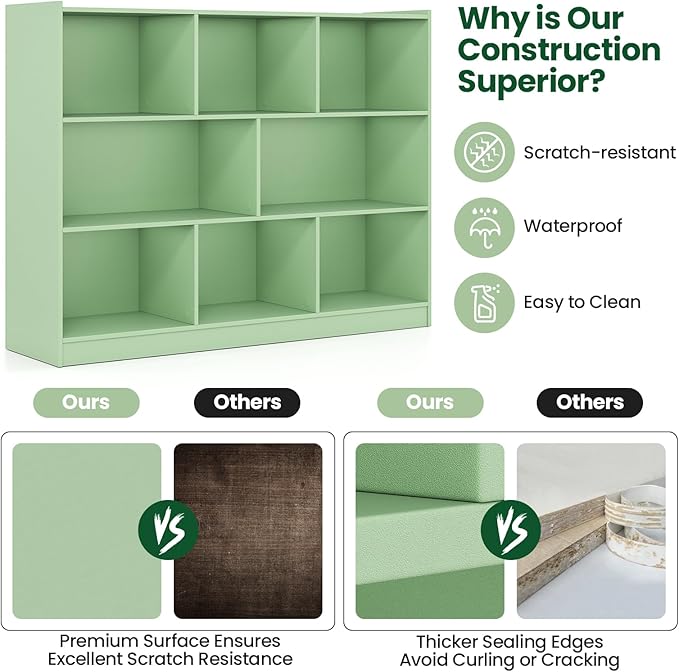 Tangkula 8-Cube Bookcase, Wood 3 Tier Open Storage Bookshelf, Modern Multipurpose Display Cabinet for Living Room, Study, Reading Nook, 48 x 12.5 x 36.5 Inch (Green)