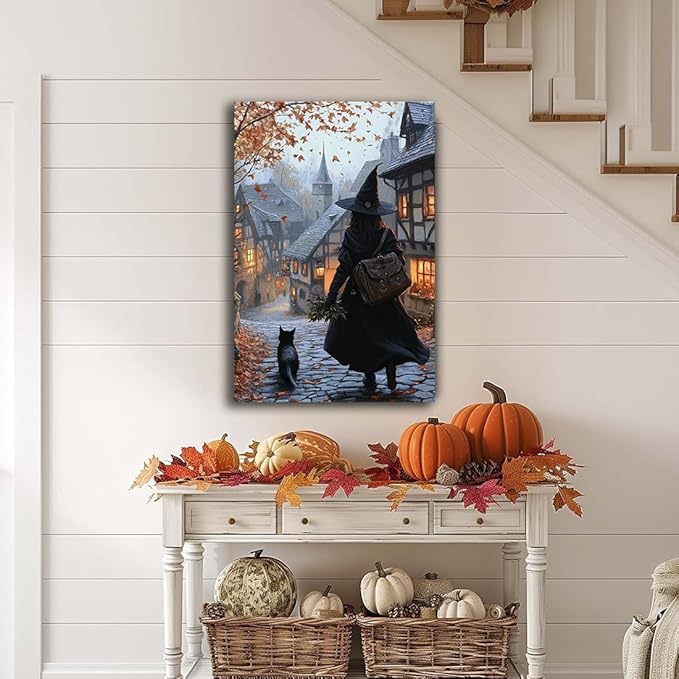Autumn Witch And Black Cat Picture Wall Decor,Halloween Canvas Vintage Rustic Wall Art,Preppy Bedroom Living Room Bathroom Poster Print,20"x30" Framed