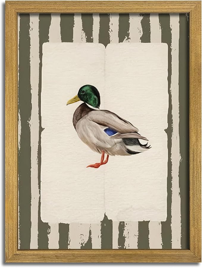 Vintage Framed Duck Wall Art Print, Rustic Mallard Bird Illustration Canvas Poster, Cottagecore Animal Artwork, Farmhouse Nature Wall Decor for Living Room Kitchen Bathroom Bedroom 12x16 inch