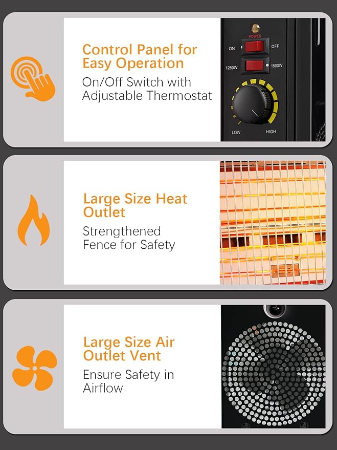 JASUN Portable Space Heater Electric Radiant Heater Fast Heating with Adjustable Thermostat, Portable Indoor Heater with Handle Quiet Energy-Saving 1250W/1500W for Office Home Garage Bedroom Black