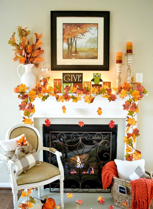 2 Pack Fall Maple Leaf Garland Artificial Maple Garland, Autumn Hanging Fall Leave Vines for Indoor Outdoor Wedding Thanksgiving Dinner Party Decor