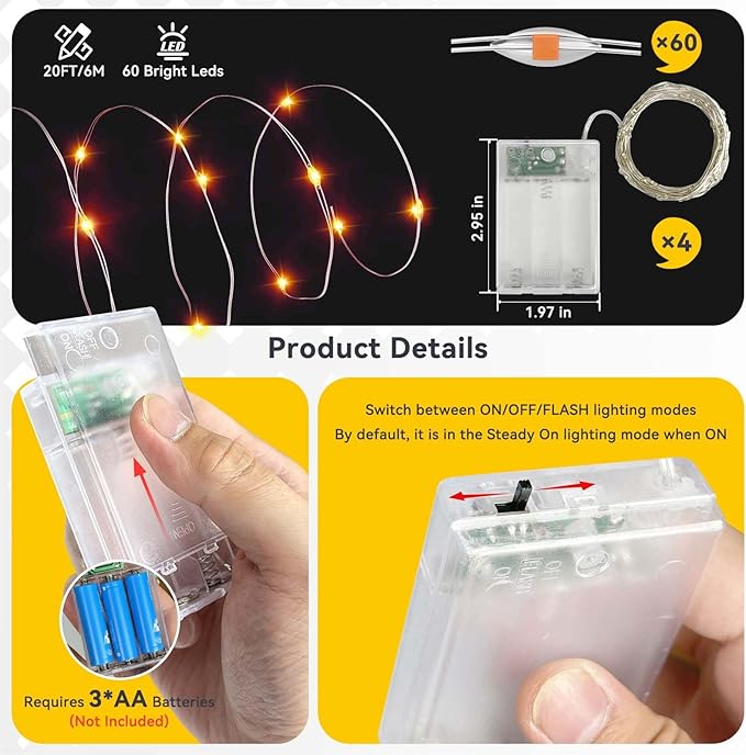 4 Pack 60LED Halloween Fairy Lights Battery Operated - 20FT Twinkle Lights with 2 Lighting Modes Indoor Outdoor, Waterproof Led Fairy String Lights for Christmas, Bedroom, Dorm, DIY Decor, Orange