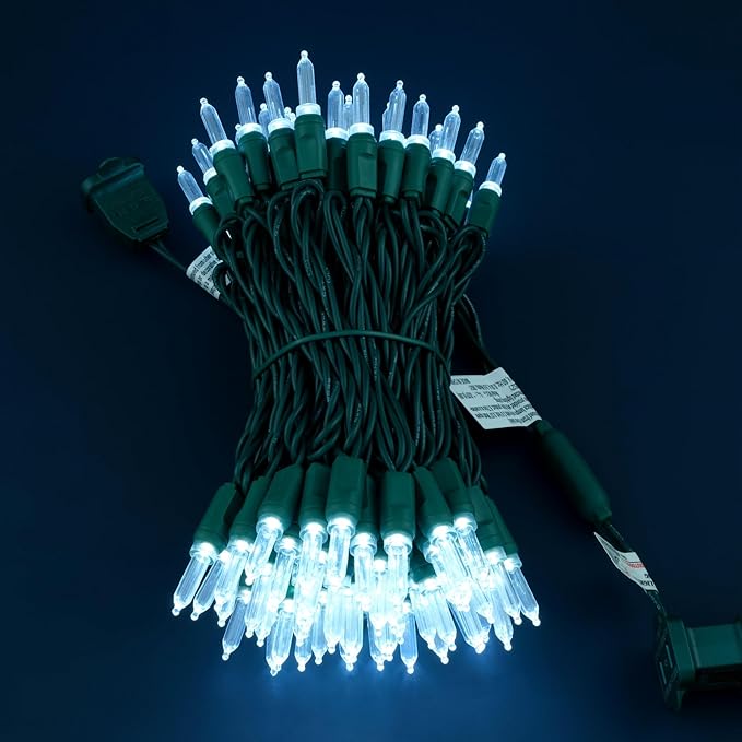 100 Cool White One-Piece LED Christmas Lights, 33 ft Green Cord High Waterproof UL Certified T5 Outdoor String Lights (Cool White)