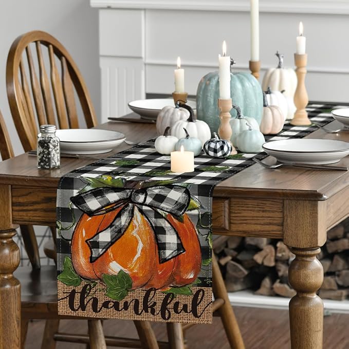 Artoid Mode Buffalo Plaid Bowknot Pumpkin Thankful Fall Table Runner, Autumn Thanksgiving Kitchen Dining Table Decoration for Home Party Decor 13x48 Inch