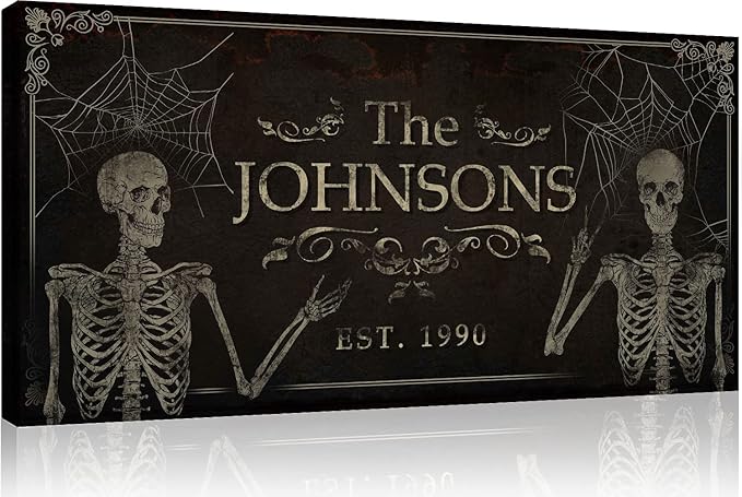 Tailored Canvases Gothic Family Wall Decor - Personalized Grunge Vintage Skeleton Room Decor for Home, Halloween Lovers, Men & Women for Bedroom, Living Room - Goth Spooky, Custom Couple Name, 48"x24"