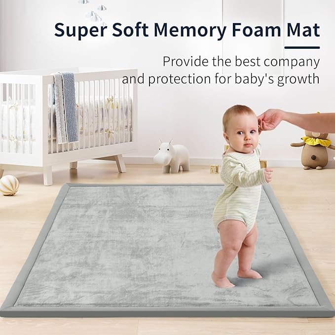 ACOMOPACK Baby Play Mat for Floor 1.3" Thick Memory Foam 50x50 Soft Velvet Playpen Mat for Kids,Infants,Toddlers,Tummy Time Crawling Mats with Non-Slip Bottom,Yoga,Tatami,Nursery Rug(Light Grey)
