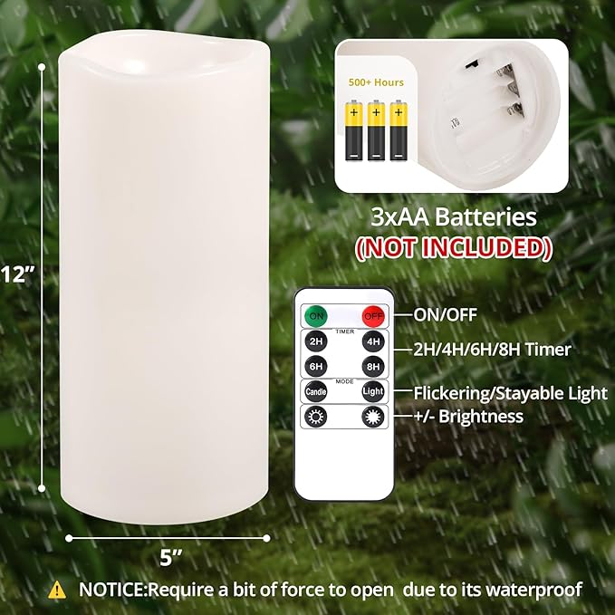 NURADA Large Outdoor Flameless Candles 12" x 5" - Waterproof LED Pillar Flickering Candle Battery Operated with Timer Remote Control for Patio Porch Lanterns Decor - Long Lasting Set of 2