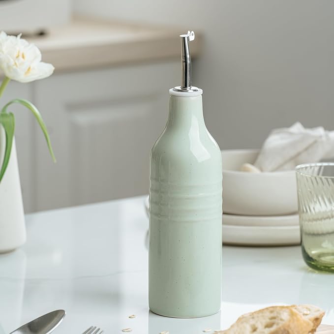 famiware Jupiter 16oz Ceramic Olive Oil Dispenser Bottle, Olive Oil and Vinegar Dispenser Bottle Set of 2 with Stainless Steel Pourers, Suitable for Storage Vinegar, Liquids, Light Green