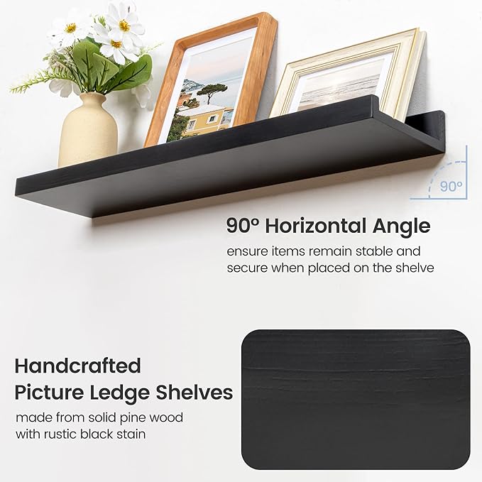 Picture Ledge Shelf, Floating Shelves Set of 2, Solid Pine Wood 55'' Long Large Nursery Book Shelves for Toys Storage, Kids Bookshelf for Living Room Bedroom Decor Books Photo Frames, Black